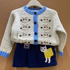 韩版女童2025秋季新款米灰色小猫刺绣针织毛衣女孩卡通灯芯绒半裙