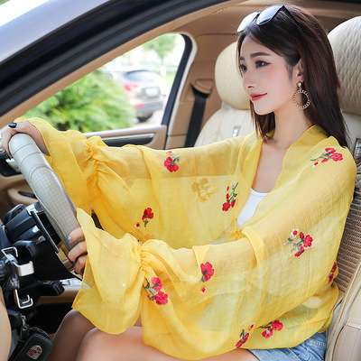 夏季新款花朵刺绣雪纺防晒衣披肩骑行开车防晒袖套薄款丝巾女批发|ms