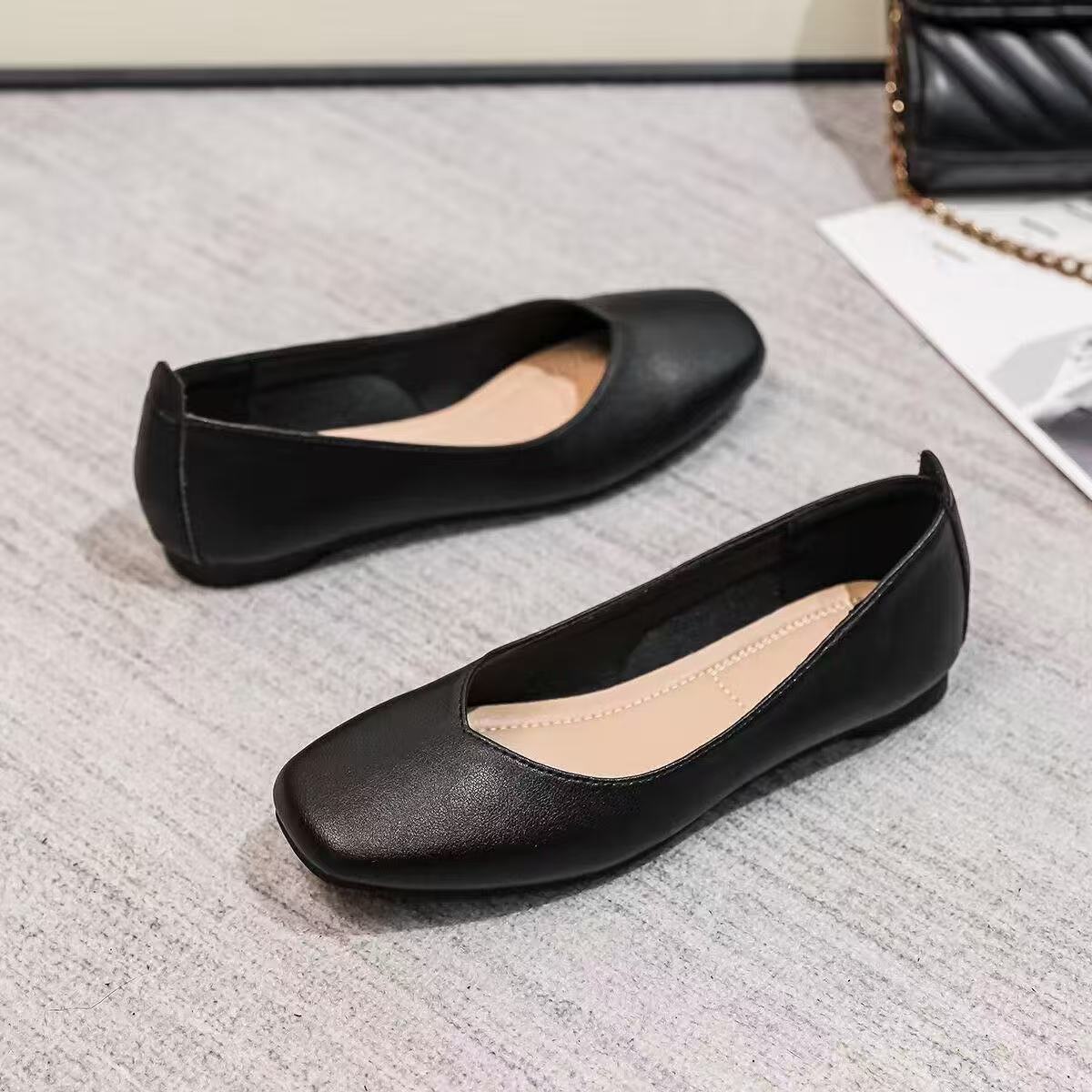 Zapatos de trabajo de cuero realmente suaves, herramientas planas de punta cuadrada negra, zapatos de trabajo ocupacional, asistentes de vuelo de entrevista, cómodos zapatos de suela blanda