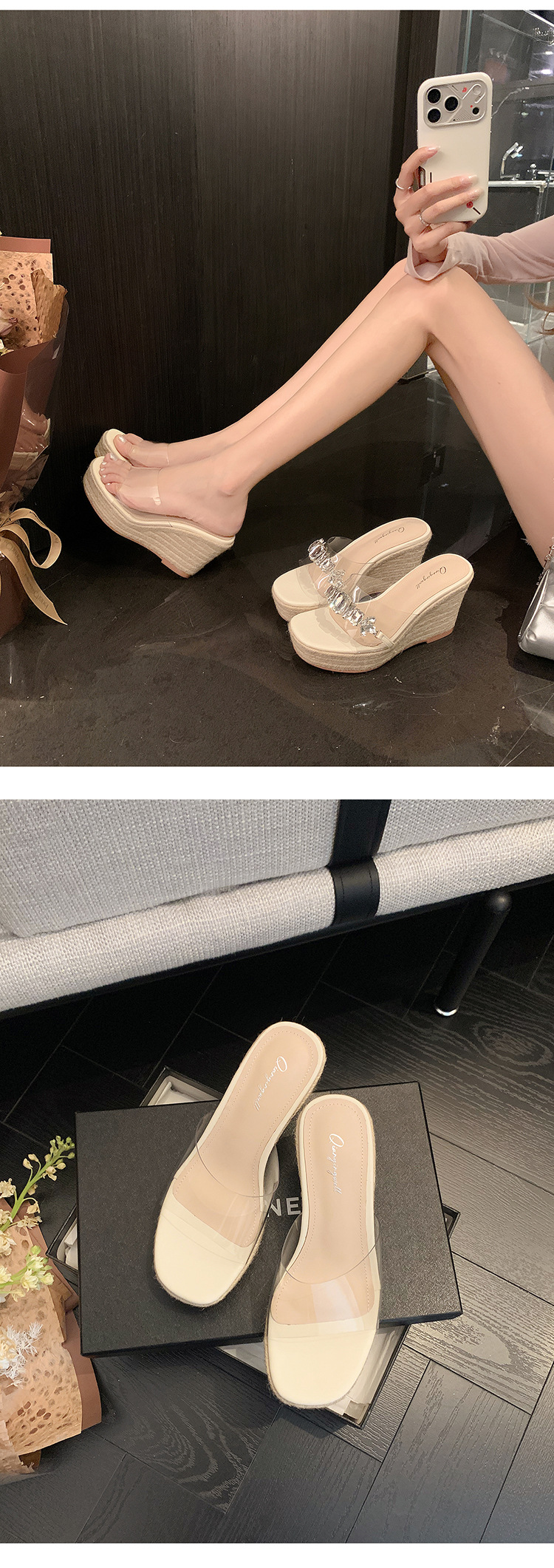 Sandal cao gót nữ đính đá quai ngang mũi hở đế xuồng cao gót 9 cm — Mặt đính đá trắng kem, Mặt trơn trắng kem chi tiết 17
