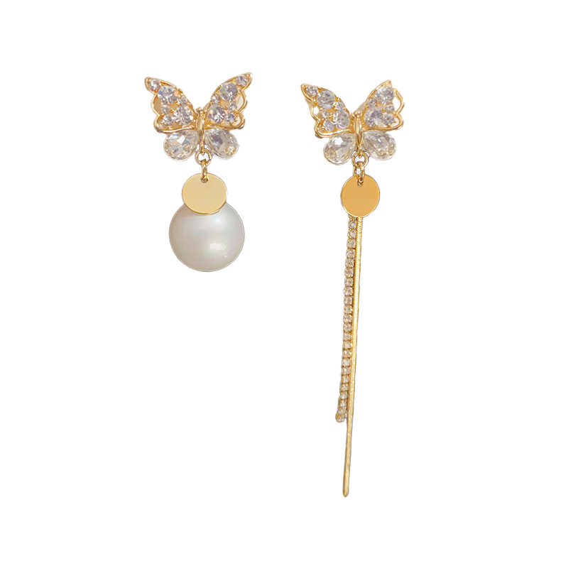 Estilo coreano Luz de lujo Dongdaemun asimétrico circón mariposa perla borla pendientes exquisitos pendientes de moda de alta calidad para las mujeres