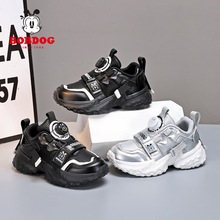 哇噢巴布豆男女童黑色运动鞋新款儿童老爹鞋皮面防水中大童跑步鞋