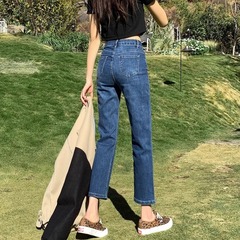 レトロな青の小さいストレートのズボンの女性の9分の夏のタバコのパイプの2024年の夏の薄い金の小さい背の女性のデニムのズボン