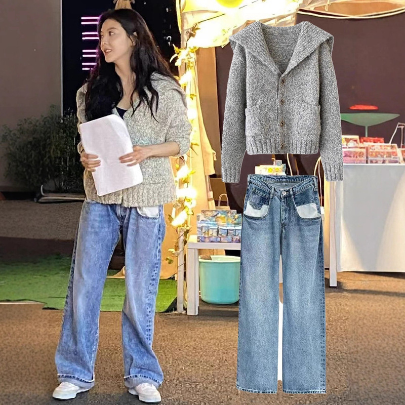 In-Stock Zhang Ruonan and Wen Yifan's Same Style Gray Large Lapel Navy-Style Knitted Cardigan, Stylish and Age-Reducing Sweater Jacket