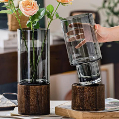リビングルームの装飾品水耕栽培リッチバンブー大型花瓶シンプルクリエイティブ木製トレイガラス花瓶シルバーバンブーインサートドライ花瓶
