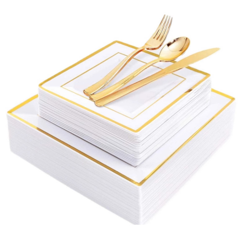 6.5 inch 9 inch knife and fork spoon plate white square bronzing plate PS hard plastic western 25 combination suit Amazon