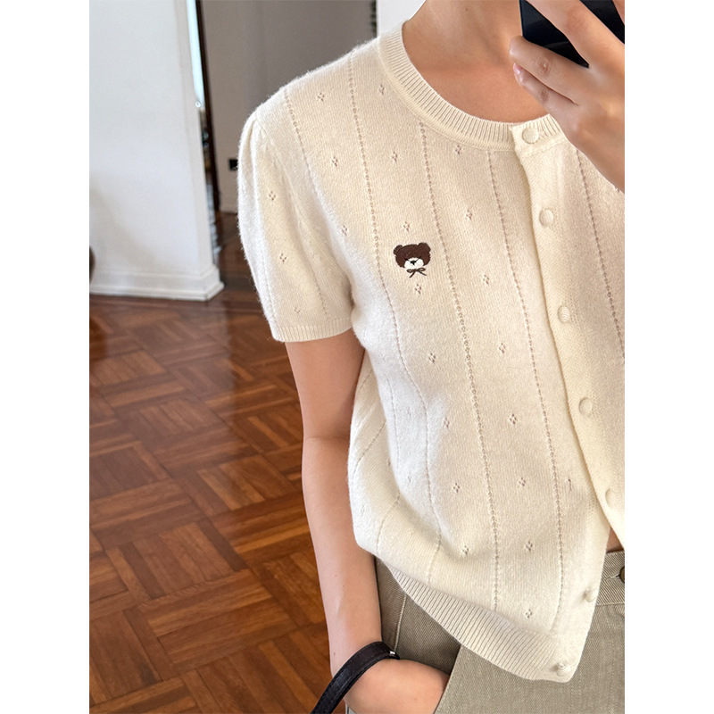 [Clearance No Returns] Bear Embroidery Short-Sleeve Knitwear 2025 Early Autumn Wool Cardigan Top 19215