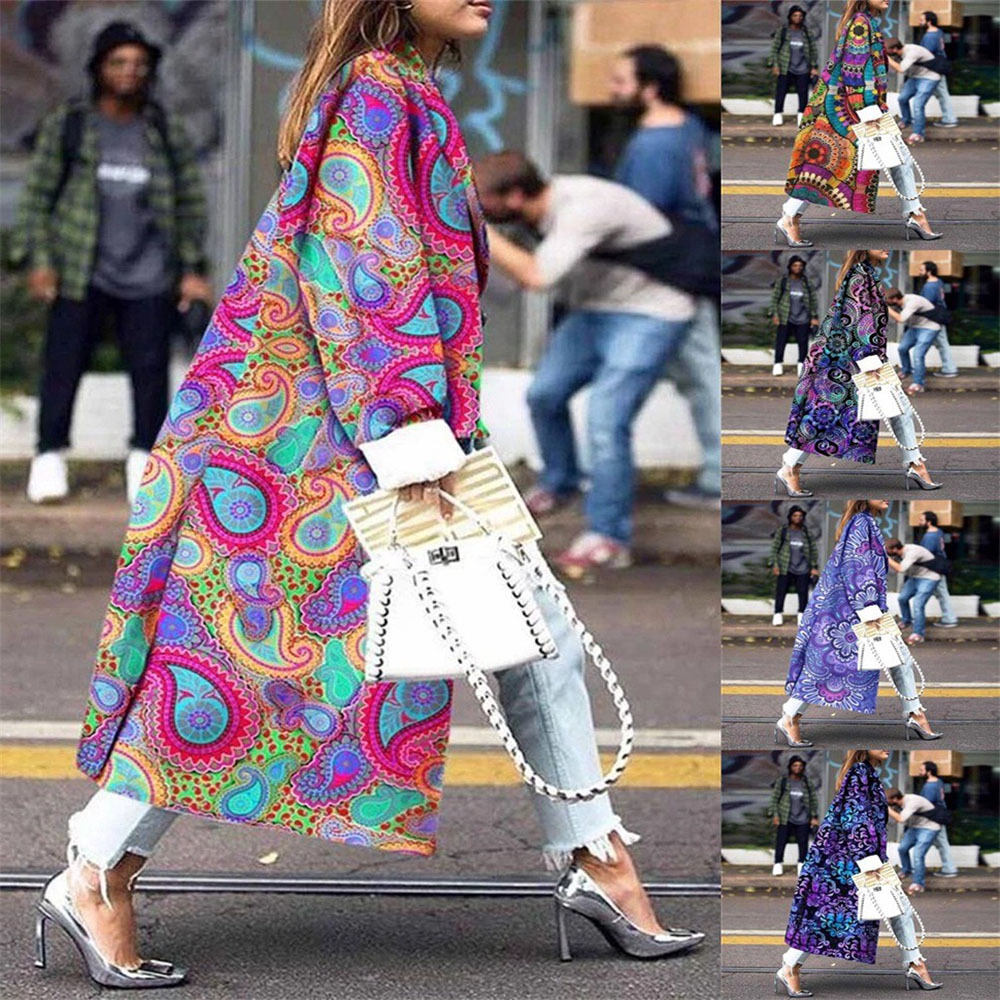 Abrigo Largo de Lana Estampado para Mujer de Tela de Lana, Engrosado, Manga Larga, para Invierno