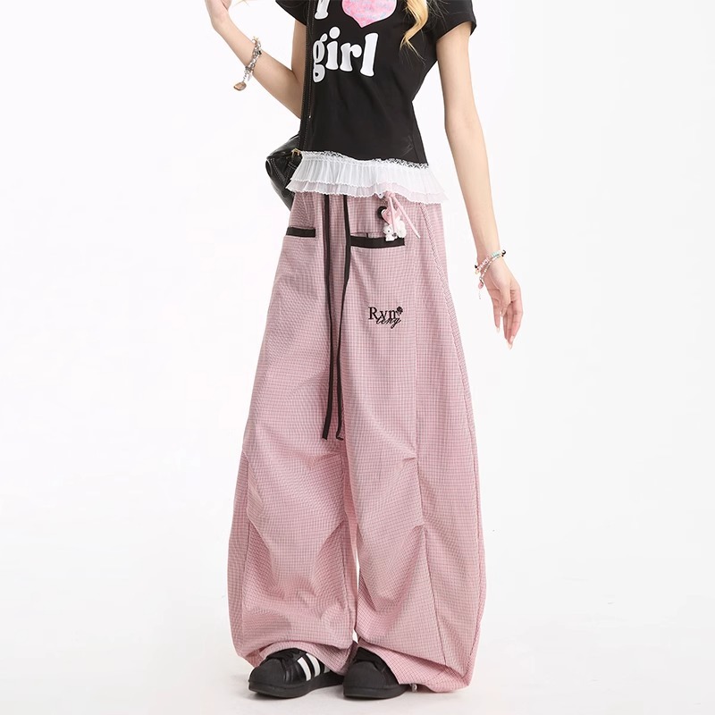 美式街头撞色条纹弯刀休闲裤女夏季垂感阔腿宽松显瘦运动裤|undefined