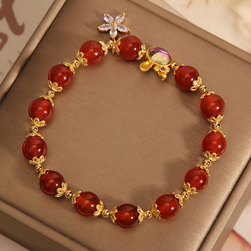 Pulsera de conejo de ágata roja mujer estilo coreano elegante pulsera colgante de flores de cinco hojas pulsera de regalo para novias estudiantes