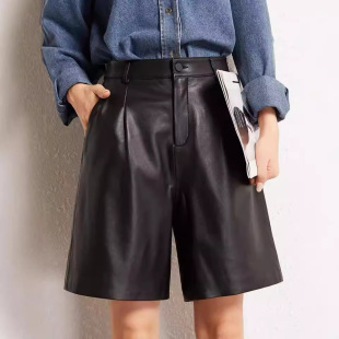 Genuine Leather Mid-Pants Women's Spring and Autumn New Sheepskin High Waist A- line Wide Leg Pants Casual All-match Boots Pants Five-point suit Pants
