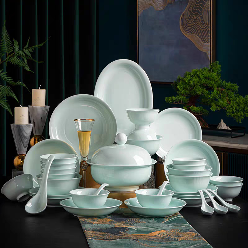 New Chinese-Style Underglaze Color Non-Oil-Absorbing Celadon Set, Simple Solid Color High-Quality Tableware Set for Home Use, Gift-Giving, and Wholesale New Chinese-Style Underglaze Color Non-Oil-Absorbing Celadon Set, Simple Solid Color High-Quality Tableware Set for Home Use, Gift-Giving, and Wholesale