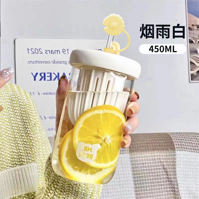 定制批发可爱玻璃卡通茶漏花茶吸管直饮杯女学生儿童一盖双饮水杯