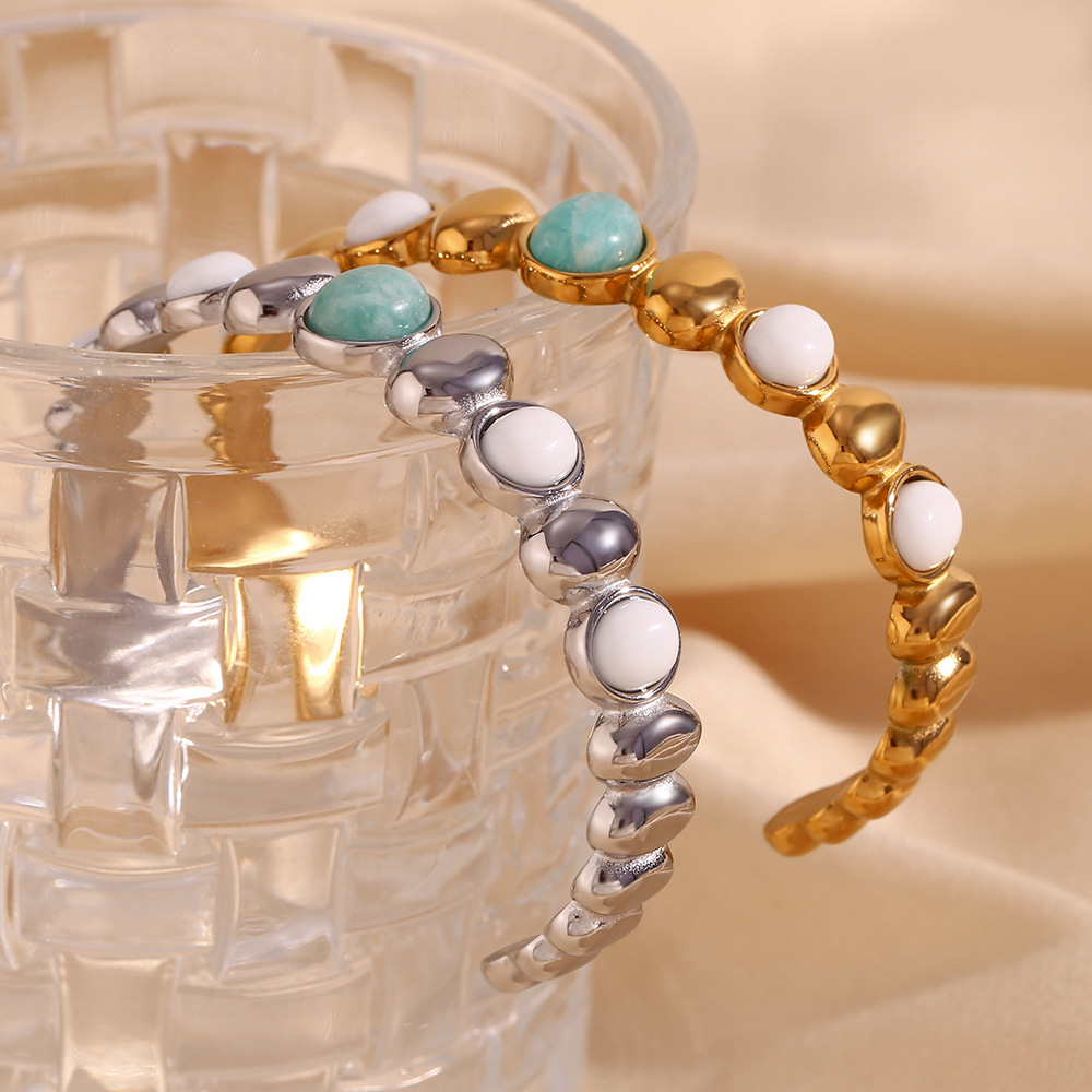 Oval Natural Stone Inlaid Stainless Steel Bracelet