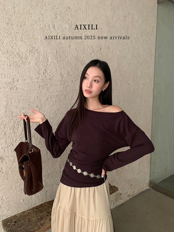 爱西里2025秋简约风高级斜肩不规则下摆设计褶皱显瘦针织衫15292|undefined