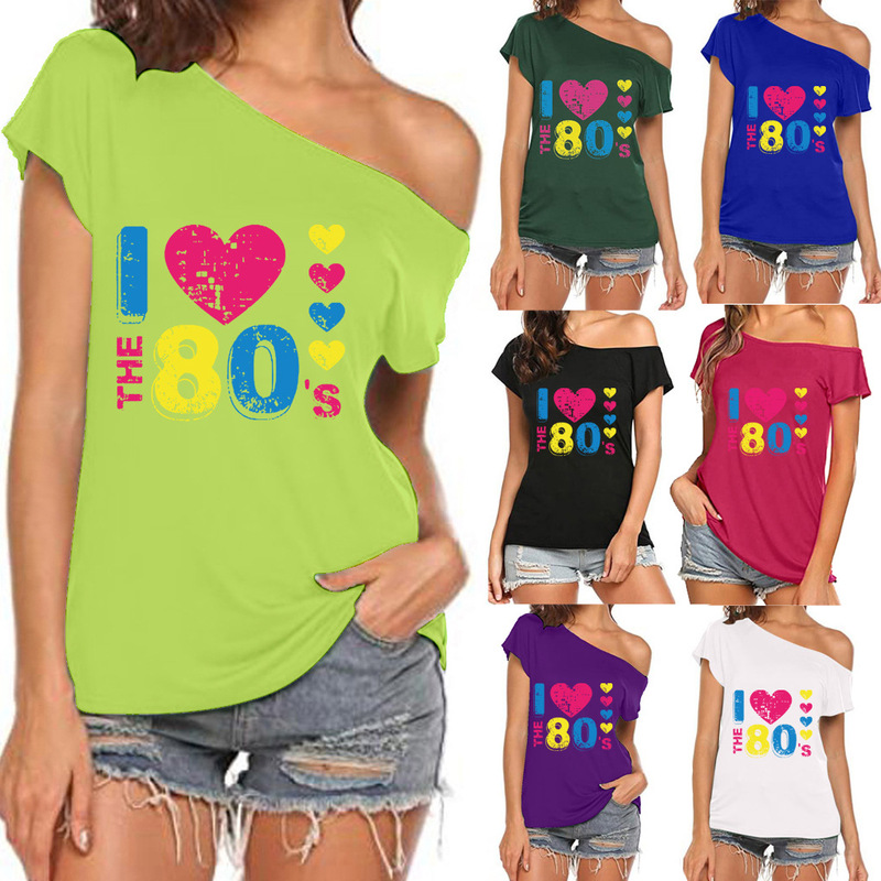Cross-Border Amazon Sentiment Nostalgia I Love the 80's Slant Collar Off-Shoulder Sexy Asymmetrical Short-Sleeved T-Shirt