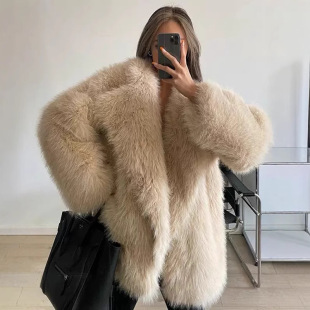 Mid-Length Foreign Trade Women's Faux Fox Fur Coat with Large Lapel, Thick and Loose Plush Coat, 1300g