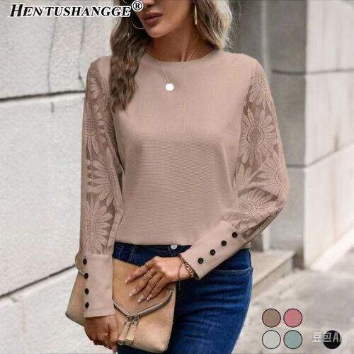 2024 Fall European and American Foreign Trade Amazon Solid Color Long Sleeve Embroidered Lace Spliced ​​Waffle Round Collar Top