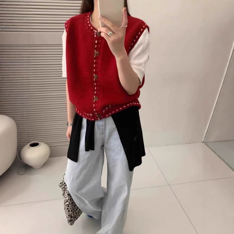 圆领撞色开衫针织马甲女春秋新款时尚休闲学院风减龄背心外套女|undefined