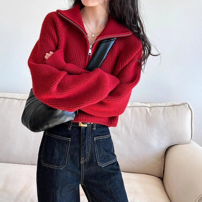 Designed Half Turtleneck Zipper Red Knitwear Women's Short Spring New High Waist Knitwear Loose Thickeneded Top