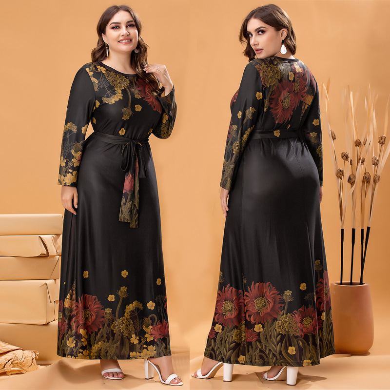 胖妈妈春秋装连衣裙高贵气质女装加肥加大码针织长袖裙中东亚马逊