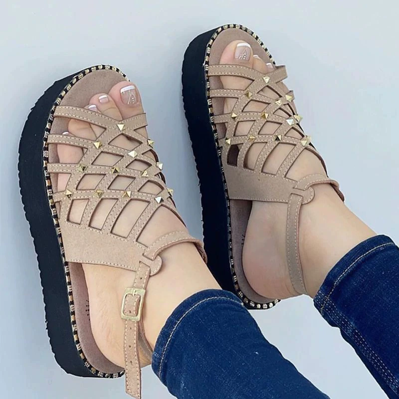 Summer lattice sandals with studded platform, breathable strappy design, plus size European style
