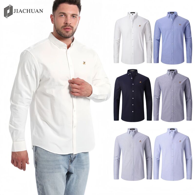 Jiachuan Cross-Border Specializes in Supplying European and American Men's Shirts, Large Size Pure Cotton Washed Oxford Fabric Embroidered Casual Shirts for Men with Long Sleeves