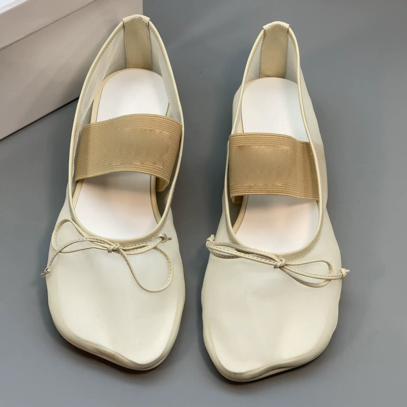 2025 европейско-американская новая модная сетчатая обувь с квадратным носком, эластичная лента, балетки-махровки Mary Jane для женщин, плоские туфли, женские балетки