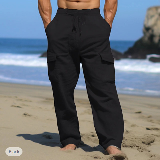2024 Herren Sommerhose mit Kordelzug, Mehrere Taschen, Gerades Rohr, Flach, Bequem, Atmungsaktiv, Täglich, Outdoor,_voghion.com