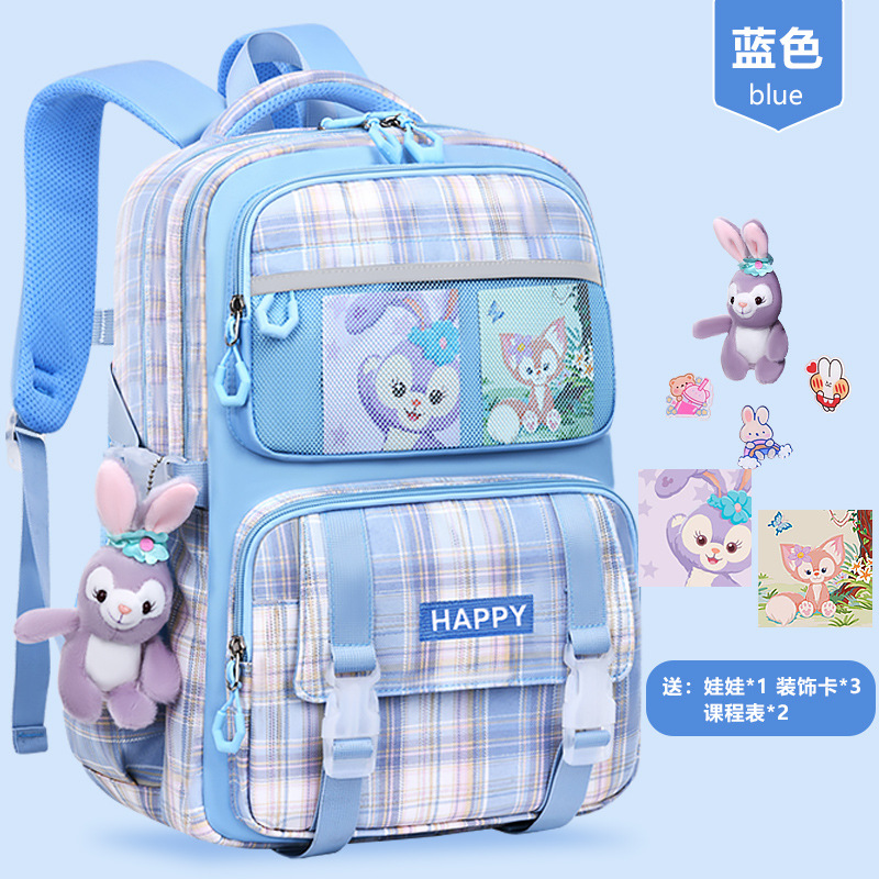 Mochila azul + muñeca + 3 pegatinas decorativas + 2 tarjetas de curso