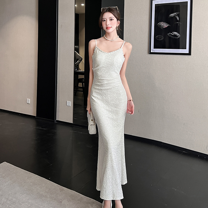French-Style Light Luxury Heavy Beaded Mermaid Long Dress 2025 Autumn and Winter New Spaghetti Strap Dress for Women