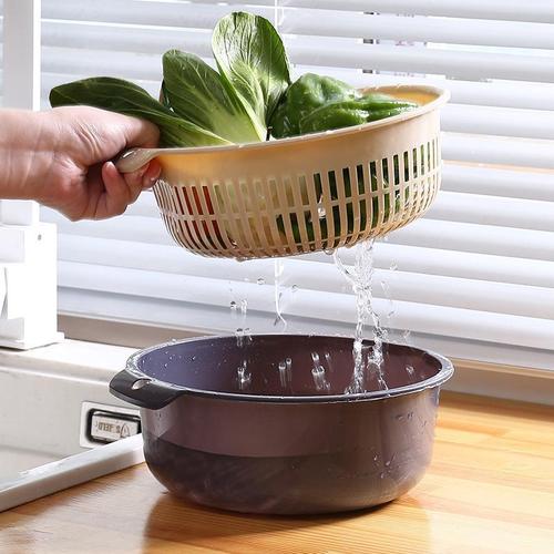 Multifunctional double-layer thickened drain basket portable kitchen plastic hollow drain basket for washing rice and vegetables