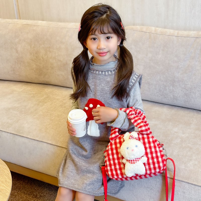 Bolsa de hombro coreana para niñas, lindo conejo blanco, bolso de moda a cuadros para bebés 2025 nuevo bolso de peluche para niños