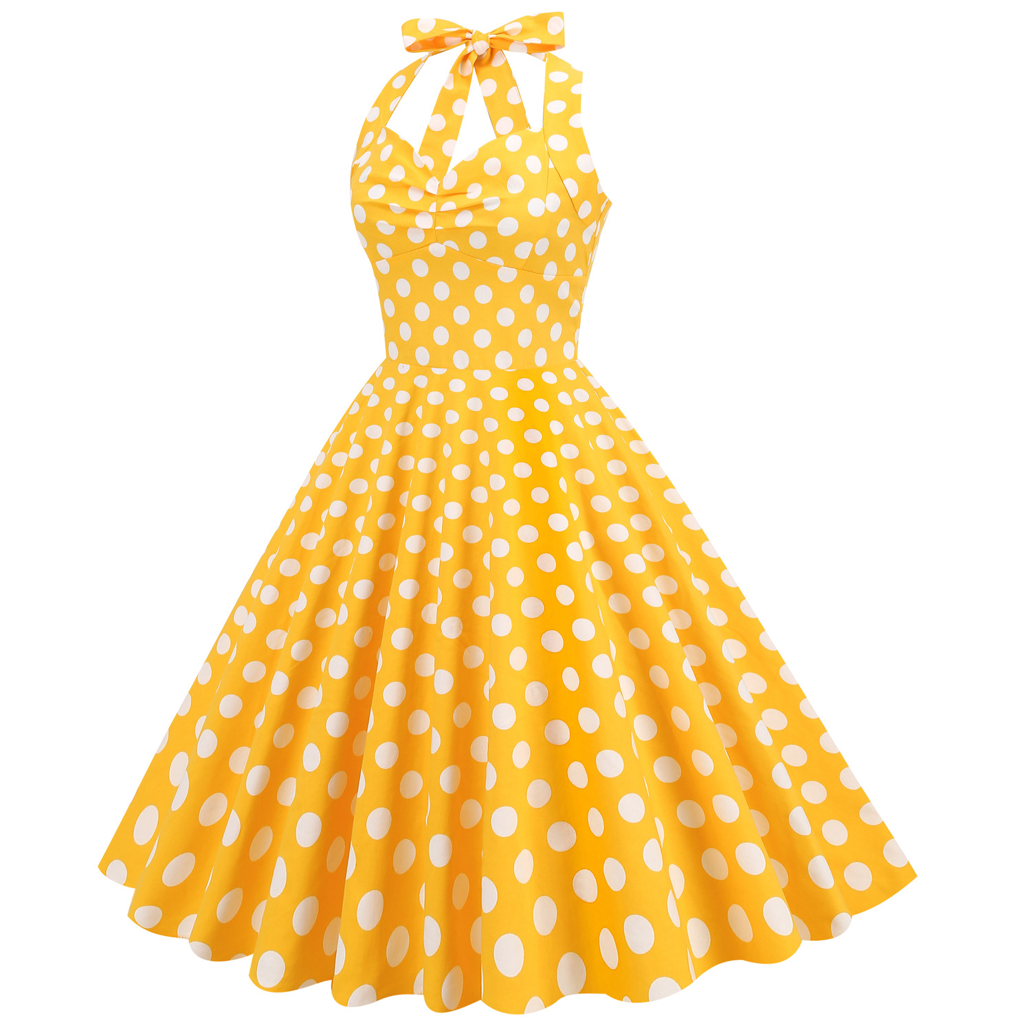 Robe vintage style Hepburn, taille haute cintrée, imprimée, col halter, dos nu, jupe ample_voghion.com