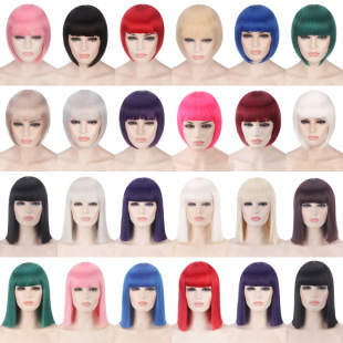 BoBo head blue green gray rice white black red pink neat bangs cartoon cos nightclub women shoulder bobo straight short wig