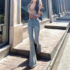 秋上新蓝色修身提臀微喇叭牛仔裤 女高腰显瘦长裤弹力毛边裤