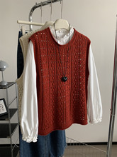 韩系复古卷边圆领镂空针织背心女春秋款羊毛混纺叠穿套头毛衣马甲