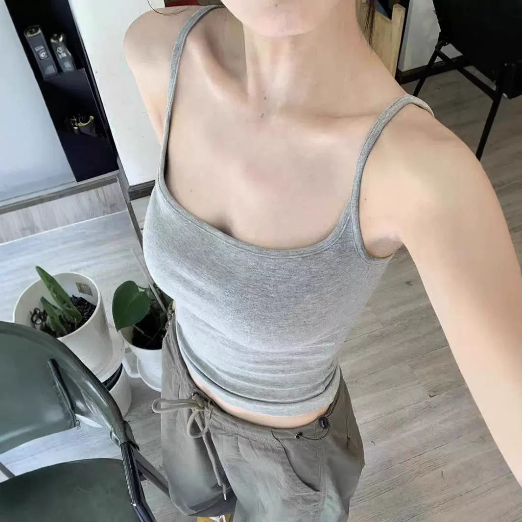 纯欲绝美灰色吊带背心女带胸垫美背修身外穿内搭打底无袖上衣女夏