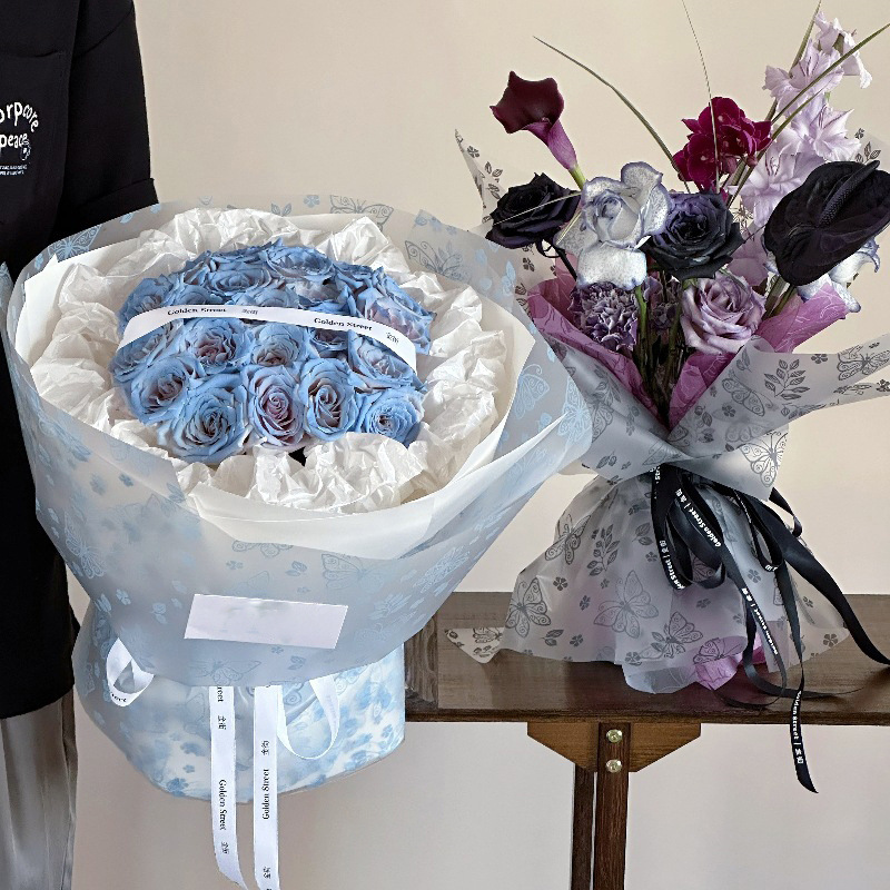 Fabricantes de fiestas de flores al por mayor papel de niebla de impresión de mariposa flor embalaje de flores semitransparente paquete de flores embalaje florista