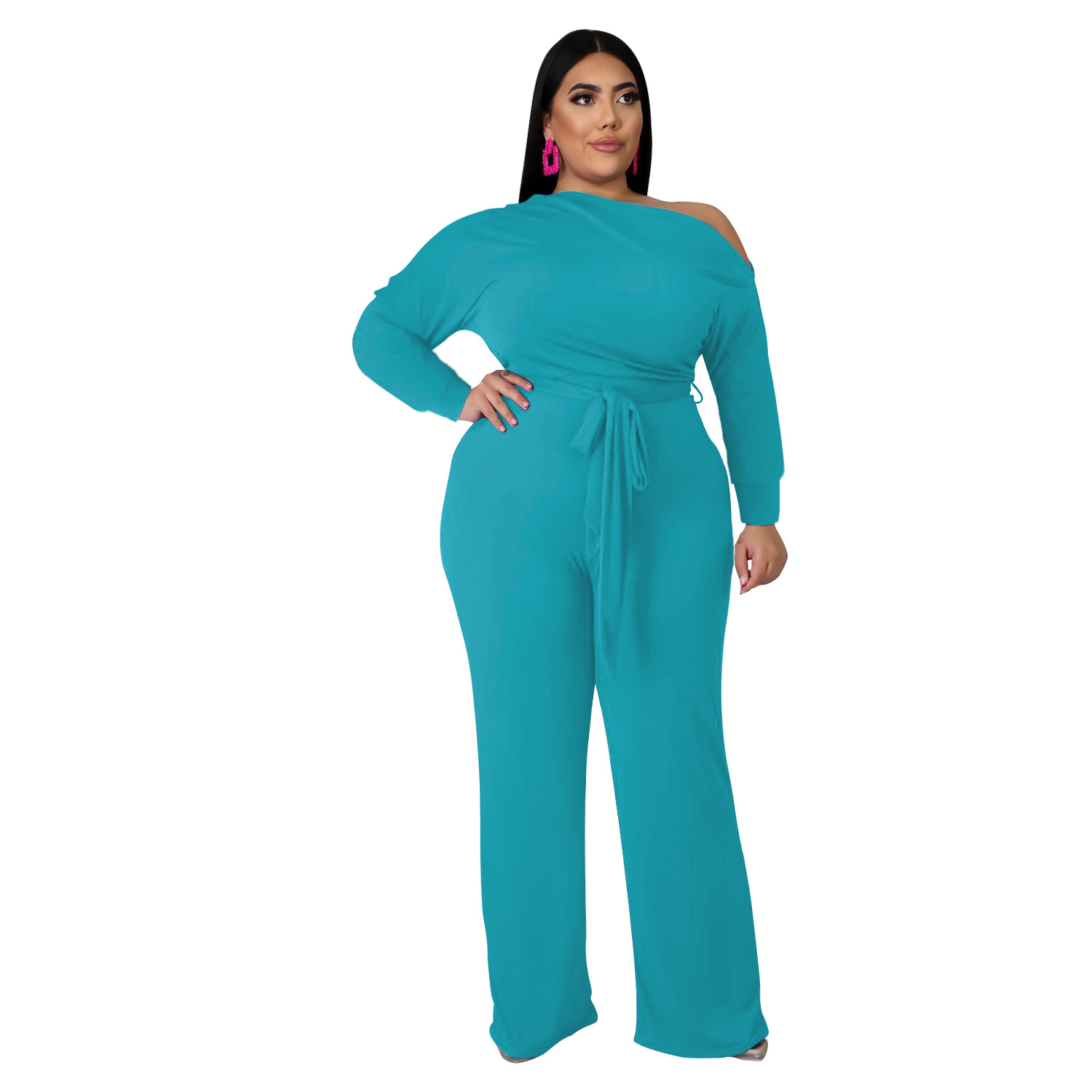 women s plus size solid color strappy shoulder T-shirt flared pants suit nihaostyles clothing wholesale NSBMF80099