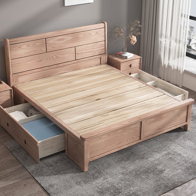 Cama minimalista moderna de madera maciza de estilo nórdico dormitorio cama doble cama de almacenamiento de madera de cera blanca con cajón cama de boda