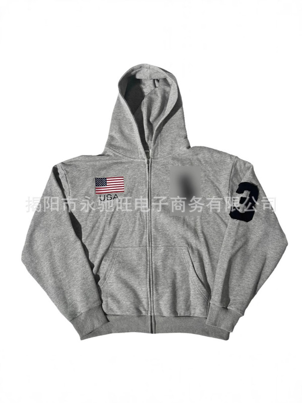 夏アメリカンウォッシュパターン刺繍長袖フード付きスウェットシャツ日本のトレンディなハイエンドルーズカジュアルジャケット男性用|undefined