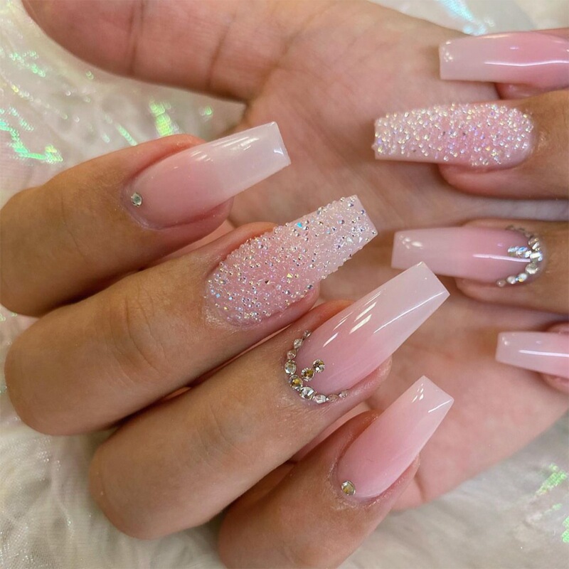 Cross-Border Popular Wearable Nail Art Long Ladder-Shaped Nail Tips Ins-Style Gradient Rhinestone French European and American Fake Nail Stickers Nails
