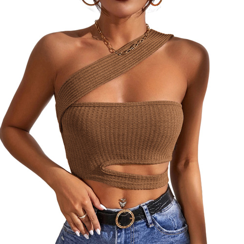 Cross-border foreign trade 2024 European and American fashion new sexy hollow knitted vest ultra short slanted shoulder wrap top