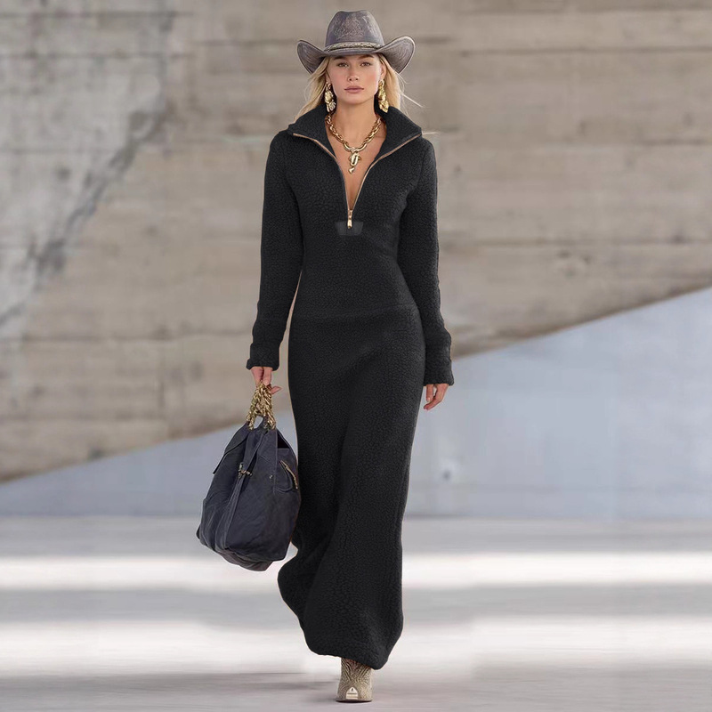 European and American Cross-Border Autumn and Winter Women's Fleece Zip-Up Polo Collar Slim-Fit Long Dress Casual Long-Sleeve Dress for Women European and American Cross-Border Autumn and Winter Women's Fleece Zip-Up Polo Collar Slim-Fit Long Dress Casual Long-Sleeve Dress for Women