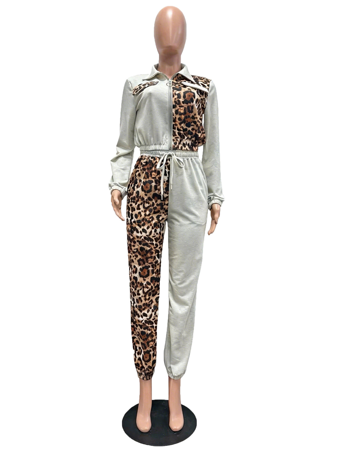 Women's Leopard Print Color Block Pant Set Casual Suit Style_voghion.com