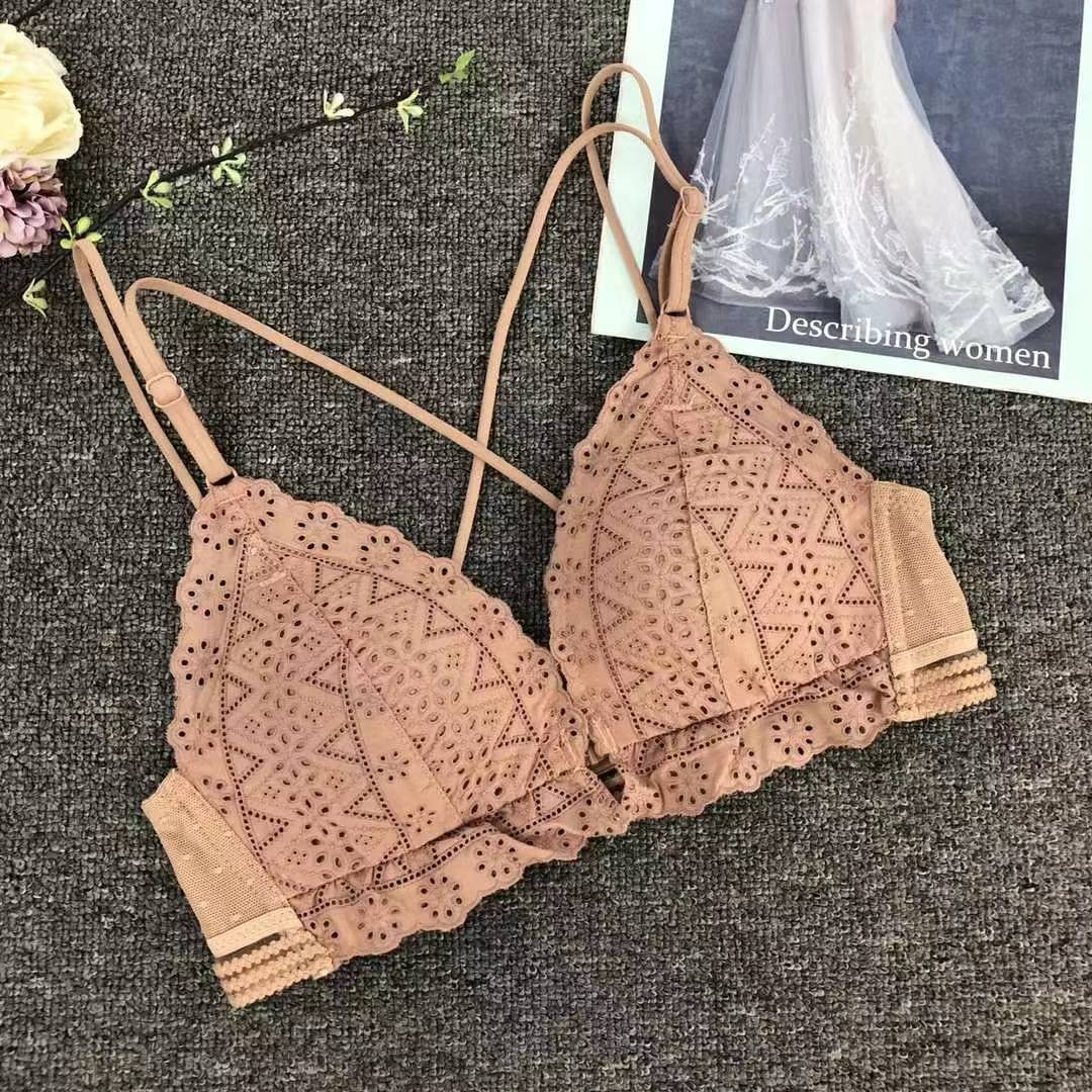 Bra de encaje del sudeste asiático, ropa interior de mujer, bra de copa triangular francesa, verano sin anillo de acero, copa delgada, algodón sexy y cómodo para la piel