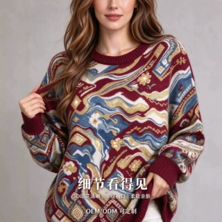 2026跨境欧美复古 彩色印花圆领毛衣女宽松长袖外搭毛衣 批发
