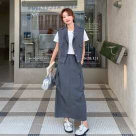 灰色工装风套装裙女夏季2026新款小个子今年流行马甲半身裙两件套
