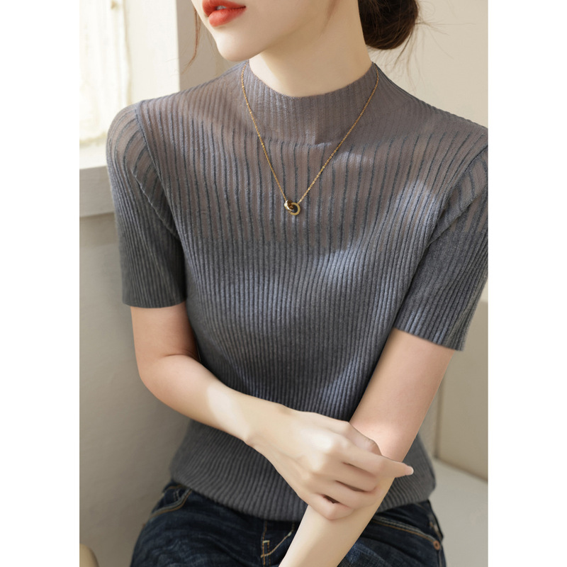 Summer Korean Style Wear Lace Mesh Half-turtleneck Slim-fit Short-sleeved Sweater Women's New High-end Chic Top